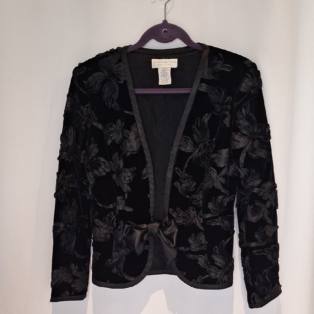 Jackie Jon New York Black Velvet With 3D Floral Design Jacket with Bow Closure